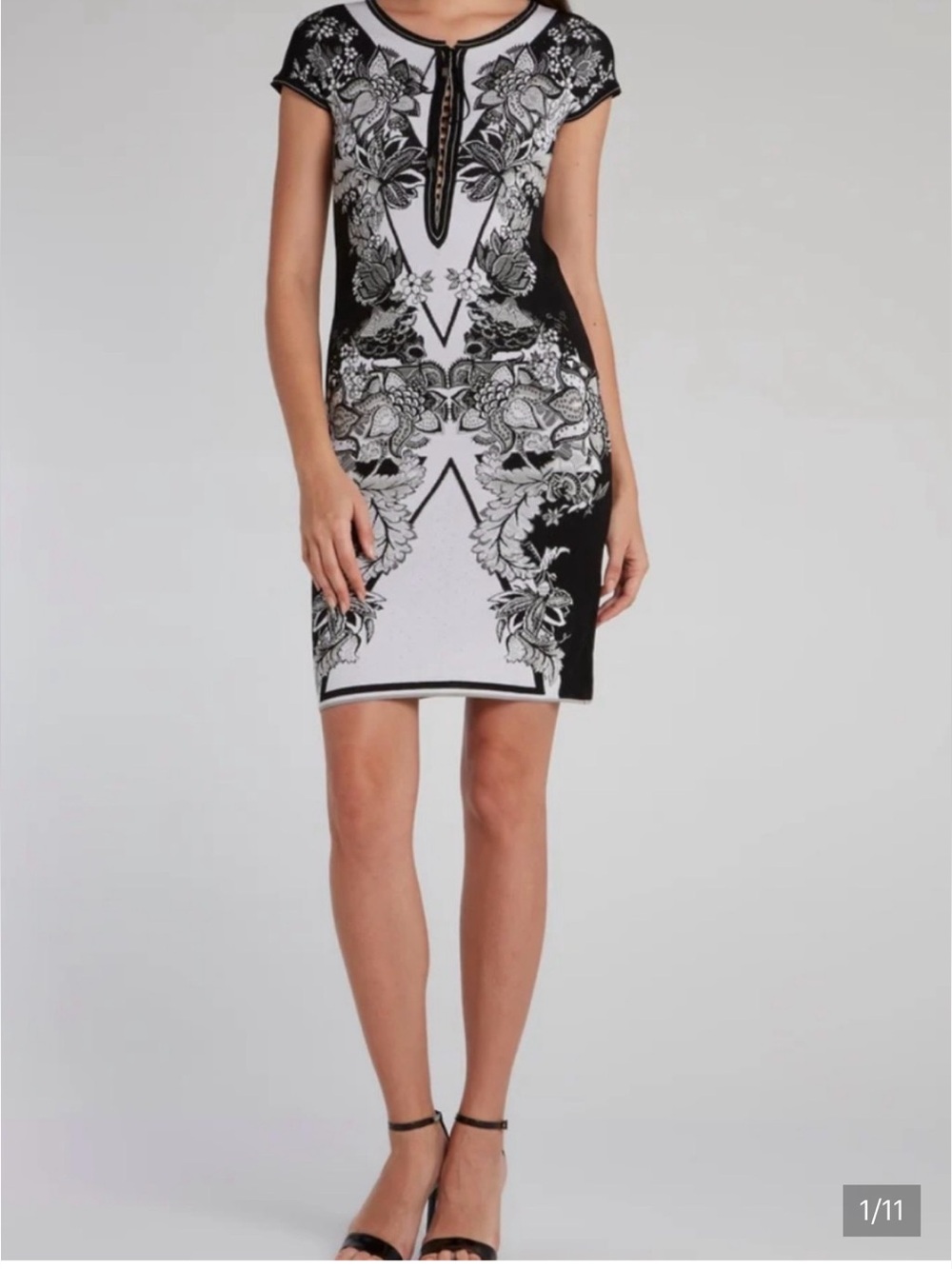ROBERTO CAVALLI KNIT SHEATH DRESS Black/White Floral - Sz 46 IT, 14US